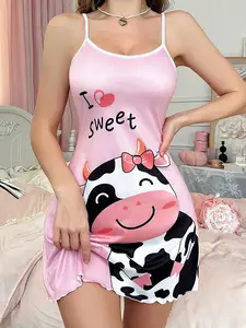 Cartoon Cow Print Cami Nightdress for Girls, Loungewear, Fitted, Soft and Silky Fabric, Ruffle Hem, Perfect for Home Relaxation and Sleepwear