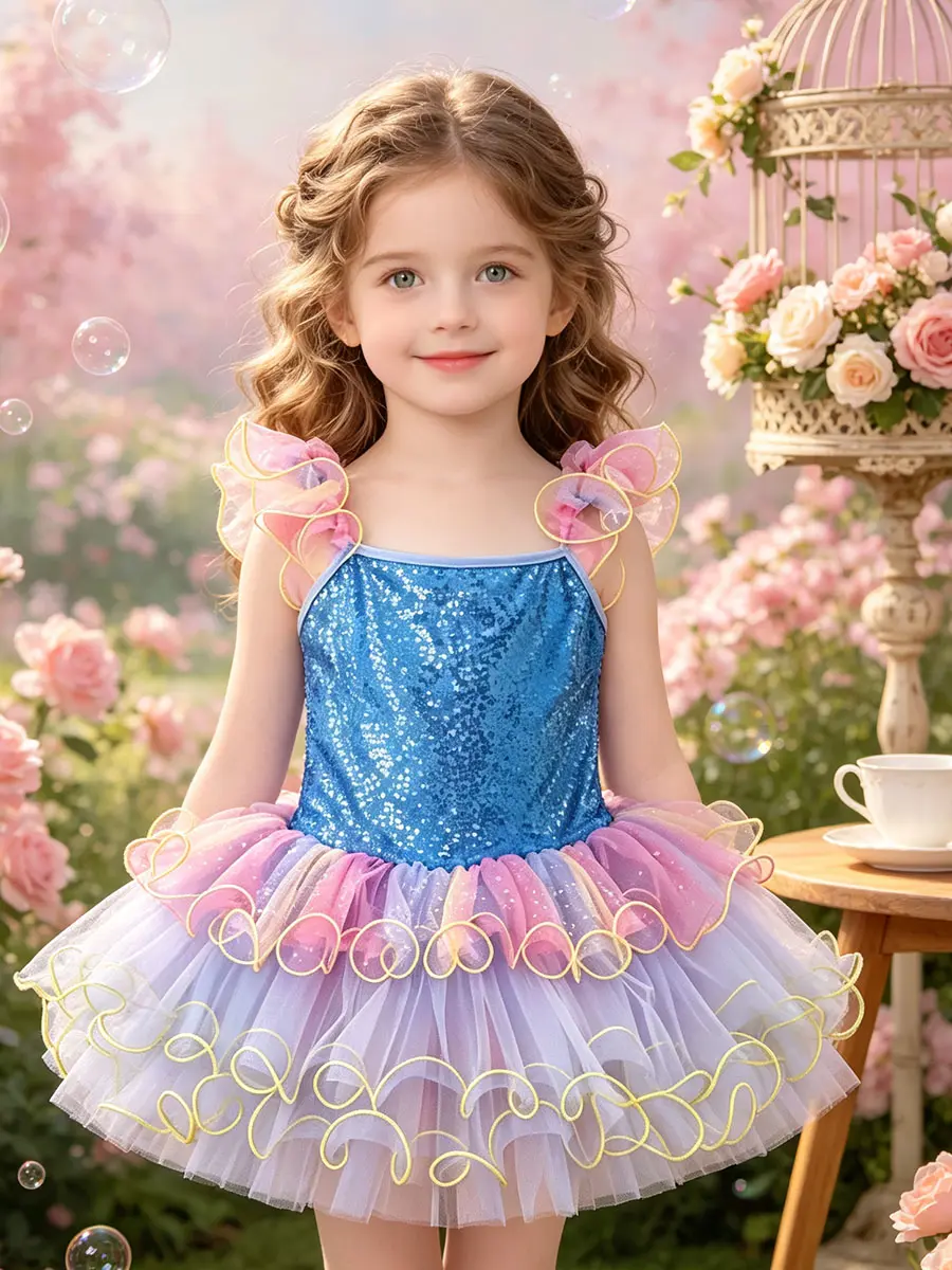 Little Girls' Princess Dress with Ruffle Straps, Fitted Square Neck Bodice & Layered Above-Knee Polyester Tutu for Parties, Ruffles, Ruffled Shoulder