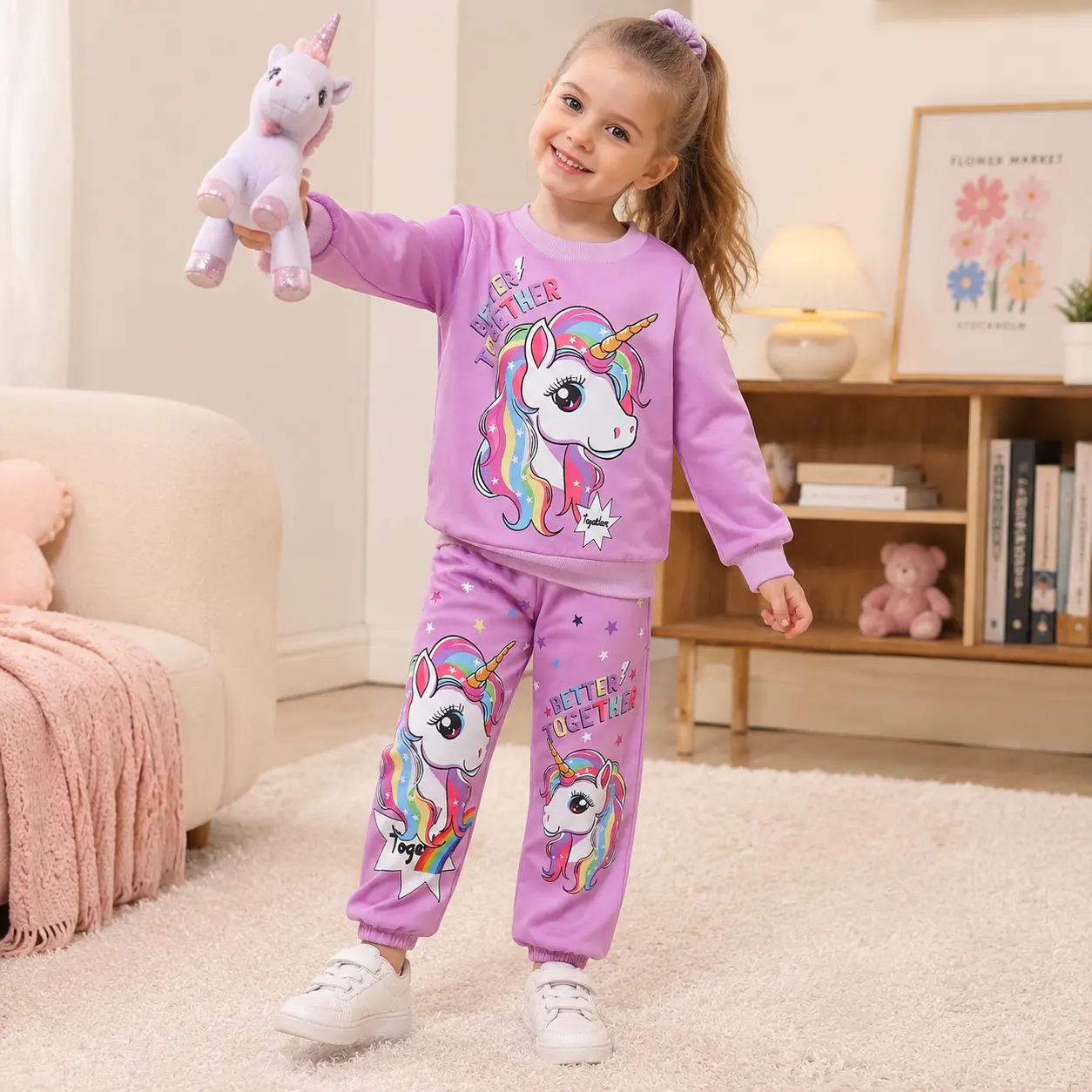 Girls 2-Piece Rainbow Unicorn Outfit Set, Soft Purple Sweatshirt and Jogger Pants with "Better Together" Graphic, Cute Magical Sweatsuit for Little Girls 4-7 Years Old, Comfy Casual School Wear