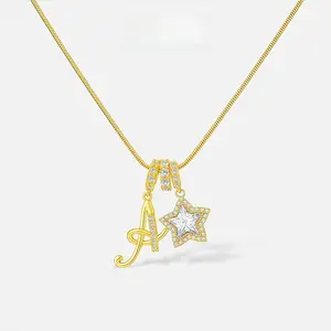 Women's 26-Letter Gold Initial Necklace with Star Decor, Delicate Personalizable Letter Chain Pendant, Elegant Valentine's Day Gift Jewelry, Initial Necklaces, Letter Chain Necklaces