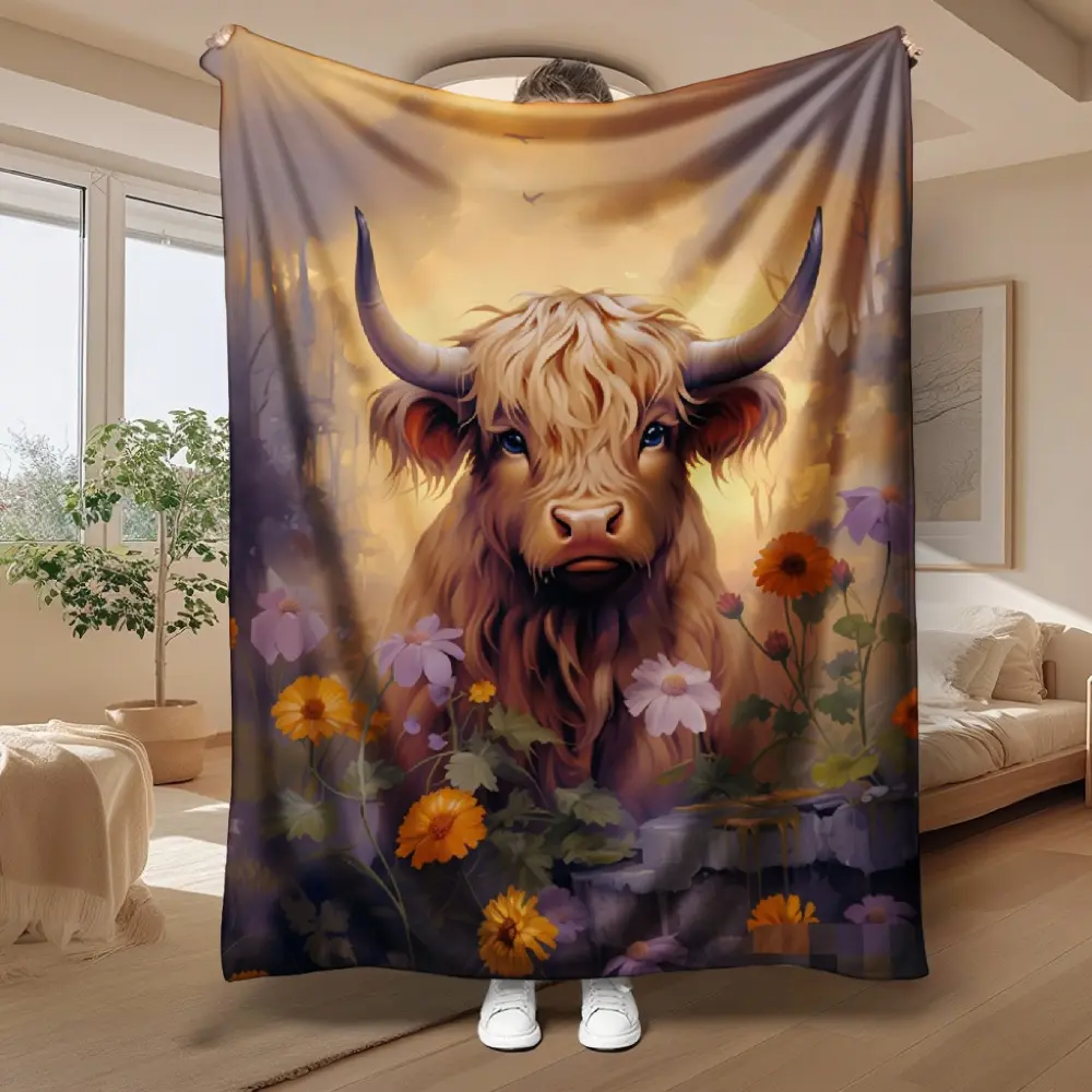 Flower Field Cow-Themed Flower Blanket - Soft, Warm Textile Home Decor Hanging, Creative Christmas/Birthday Gift for Adults (Suitable for Anniversaries), Flower Blankets