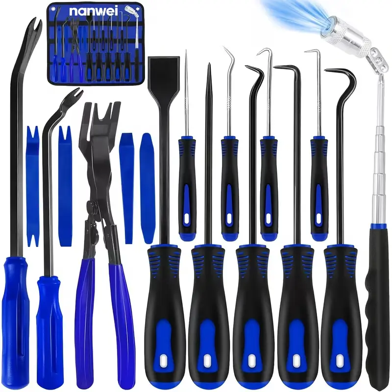 17PCS Auto Trim Removal Tool Set, Car Panel Pry Bars Hook Picks Clip Pliers Telescopic LED Flashlight for Door Dashboard Radio Fastener Disassembly garage gadgets manual equipment mechanic