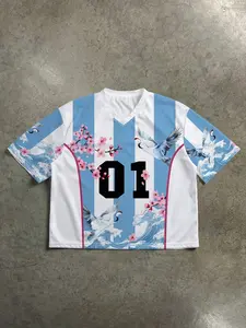 New Traditional Crane Cherry Blossom Print Short Jersey, Blue Vertical Stripes, Wave Element, Fresh and Sporty Style