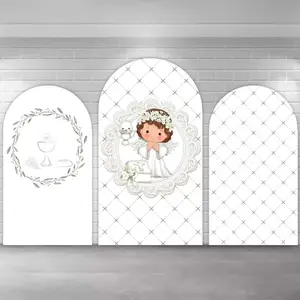 White Silver Angel Girls Baptism Arch Covers Stretchy Backdrop, God Bless First Holy Communion Design, Perfect for Girls Christening Religious Ceremony Photography Backdrop