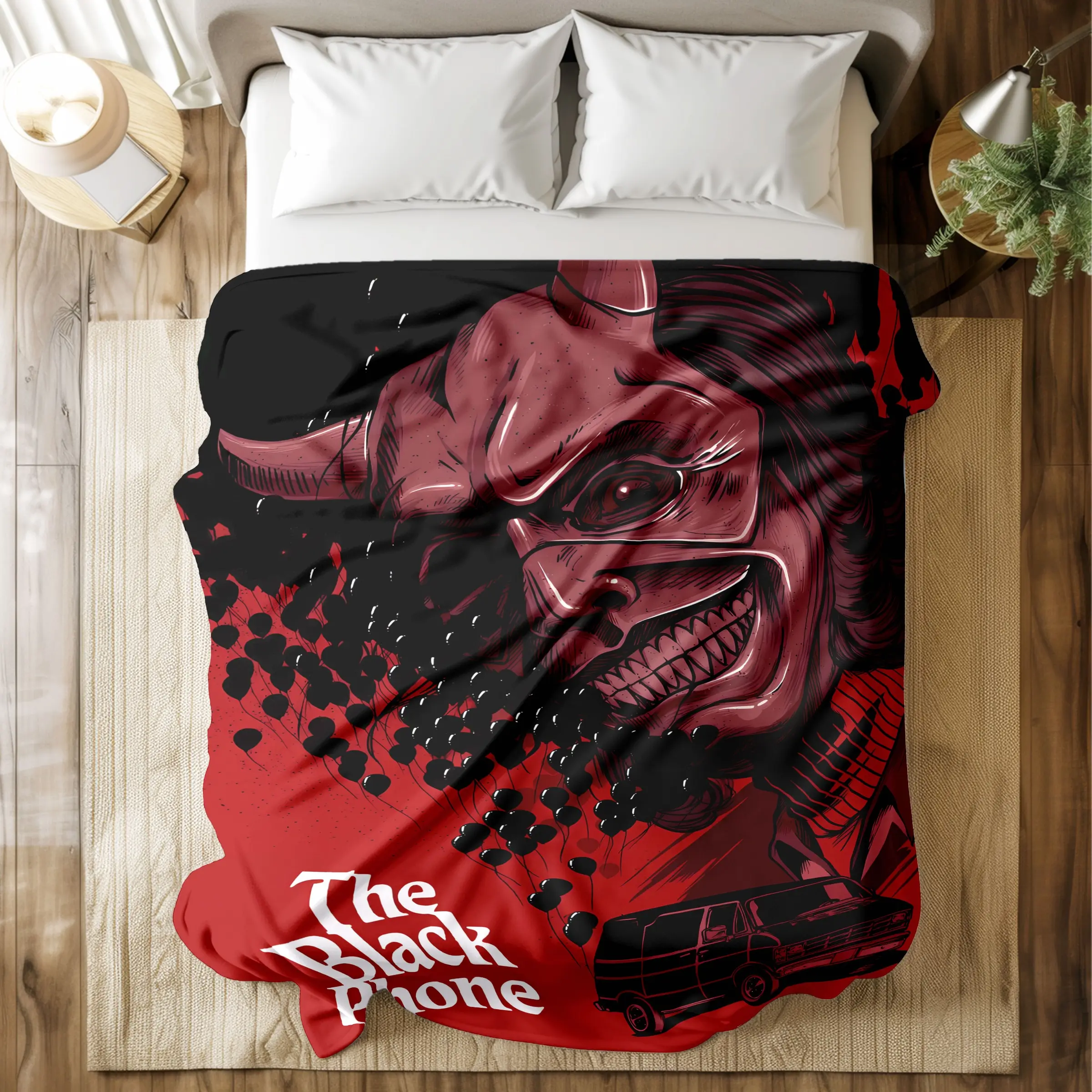 The Black Phone Printed Blanket, Soft Flannel Blanket with Horrifying Demon Mask & Retro Van Art - Skin-friendly, Long-Lasting & Quick-Drying, Machine Washable, Multi-Size for Bed, Sofa, Travel, Office Naps, Ideal Gift for Horror Movie Fans
