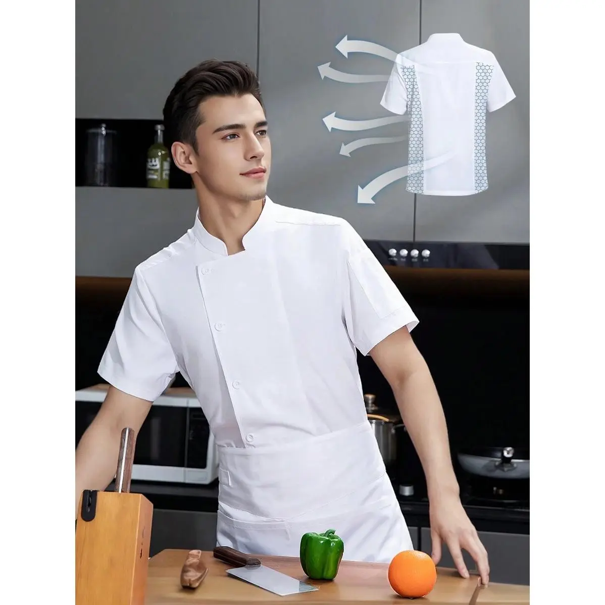 Men's Casual Short-Sleeve Chef Workwear Shirt - Breathable Polyester, Regular Fit, Pocket, Back Mesh, Moisture-Wicking Hemmed Uniform for Restaurant Kitchen, Small Size (Menswear), Clothes