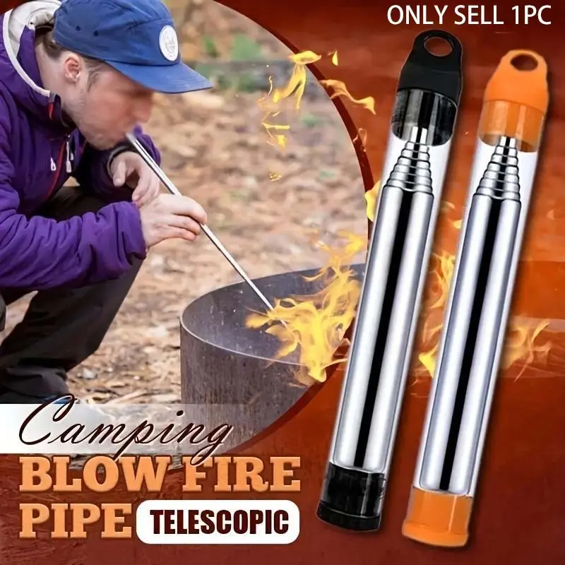 Outdoor Cooking Blow Fire Tube Stainless Steel Adjustable Torch Pocket Bellow Camping Blowing Fire Stick Survival Tools Camping Accessory Outdoor Camping Supplies