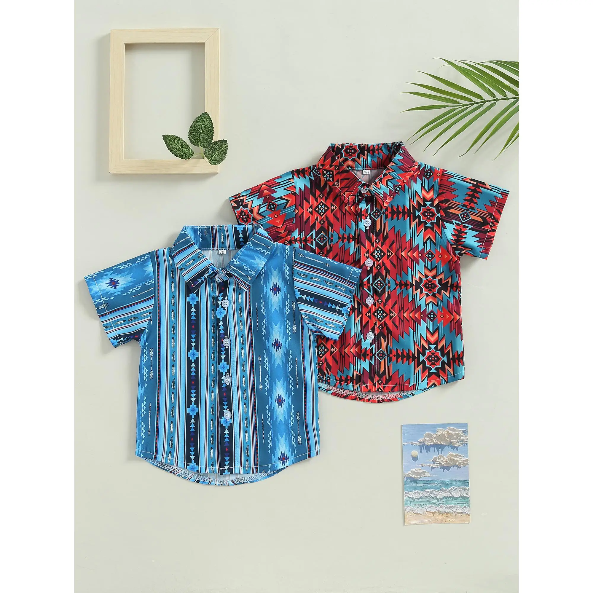 Baby Boy Summer Tops 6 12 18 24M 3 4Y Short Sleeve Lapel Collar Geometric Print Button Down Shirts Casual Clothing