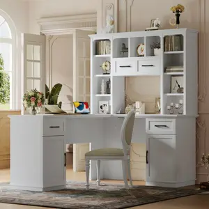 Bellemave L-Shaped Office Computer Desk with MDF Board, 2 Storage Cabinets (Cabinet Storage Organizer), 2 Drawers, 11 Open Shelves, Electrical Outlet, Commercial Office Furniture for Study Spaces, Storage Cabinet