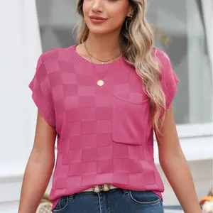 Shewin 2026 Pullovers Women's Round Neck Short Sleeve Fitted Knit Fabric Soft With Pockets for Casual Wear