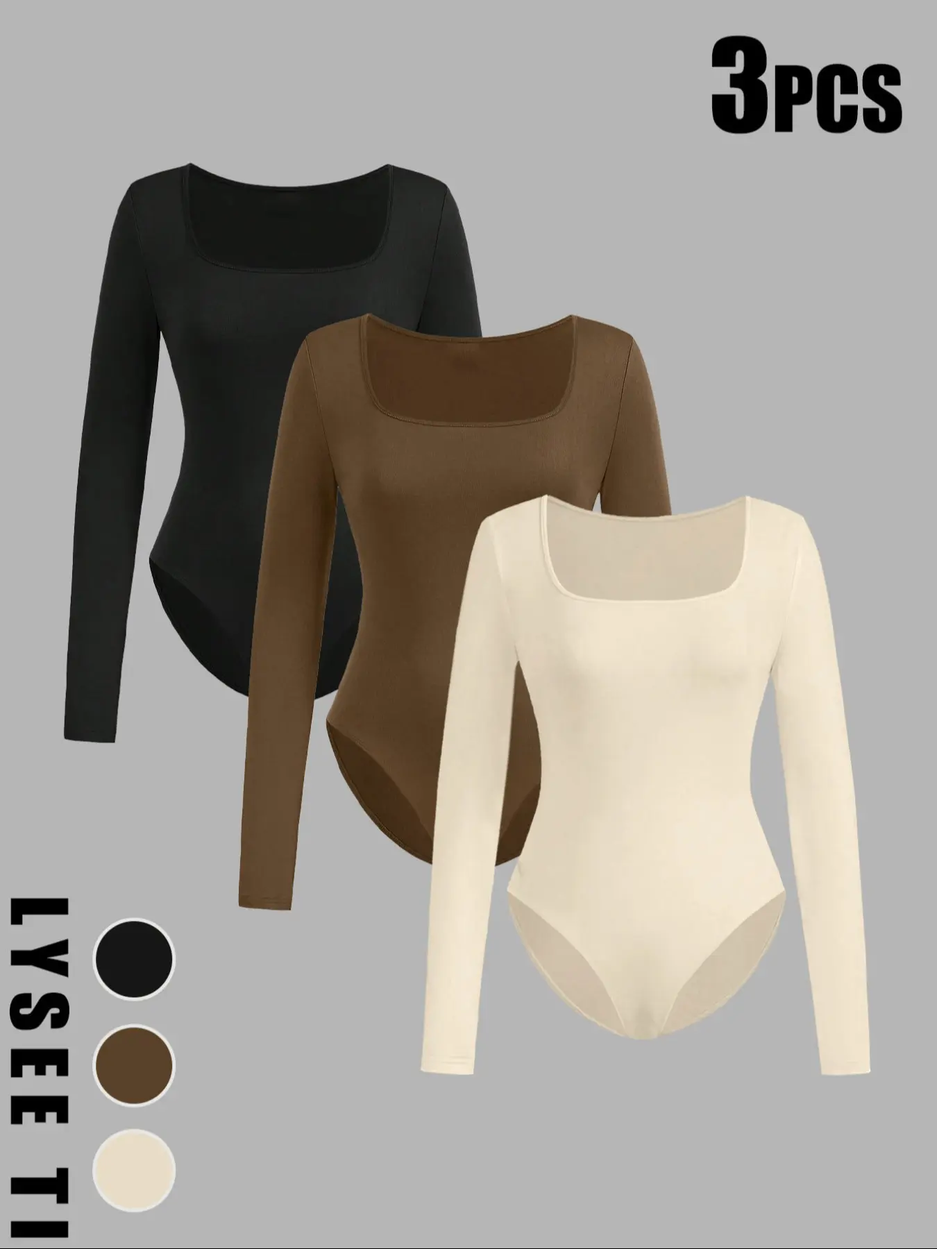 3pcs square neck long sleeved slim fit jumpsuit set, made of comfortable material, slim fit and eye-catching, suitable for commuting or leisure, easily creating a variety of fashionable styles Bodysuit