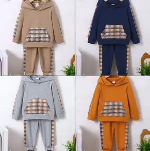 Ready Stock 18M-6Y Kid Boys Plaid Patchwork Long Sleeve Pocket Hooded Tops & Elastic Pants Set 2Pcs Clothing Set 122208004