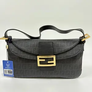 Pre-owned FENDI Vintage Baguette Armpit Bag, Black Monogram with Gold Buckle, Hard Version Double Cover
