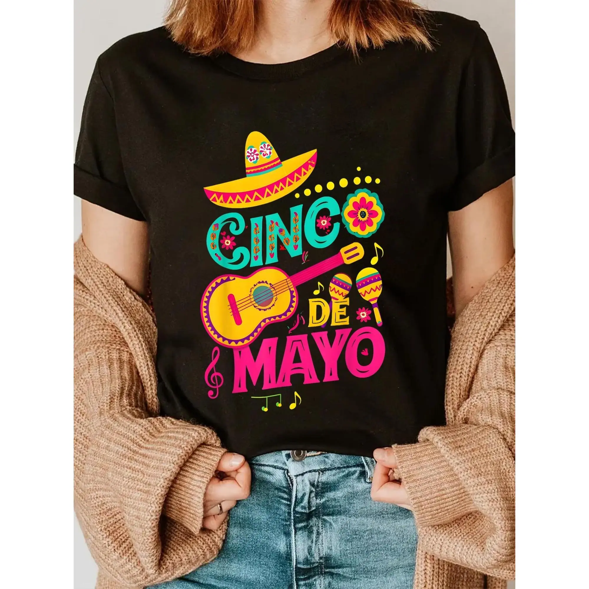 Women's Fitted Tshirt with Sombrero Guitar Floral Digital Print, 100% Cotton Shortsleeve Round Neck Casual Top for Cinco De Mayo, Valentine's Day, Easter, Thanksgiving, Valentines Day, Geometric