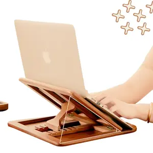 Wooden Laptop Stand for Desk & Wood - Style Portable Laptop Stand, Foldable and Adjustable Ergonomic Notebook, Book, Phone & Tablet Stand, 6 - Gear Angle Adjustment, Bamboo Foldable Laptop Stand Holder Cooling for 10-15.6 Inch