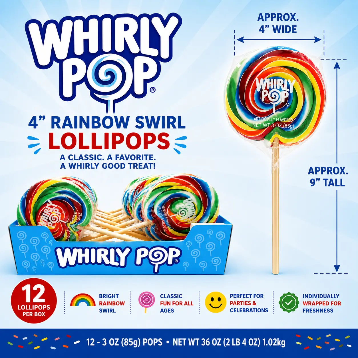 Whirly Pop Rainbow Swirl Lollipop 4 Inch 9 Inch Tall 12 Count Colorful Giant Candy Pops