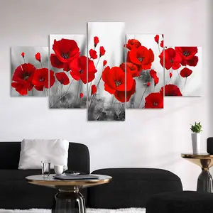 Red Flower Pattern Canvas Painting, 5 Counts/set Floral Abstract Design Modern Art Print, Wall Art Decor for Home Living Room Bedroom Office, Ornaments