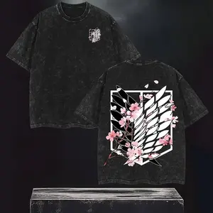 Men's Eren AOT Valentine Vintage Oversized Menswear T-Shirt - Wings of Freedom Washed Graphic Tee, Soft Casual Streetwear Round Neck, 2026 Anime Merch Short-Sleeve Top