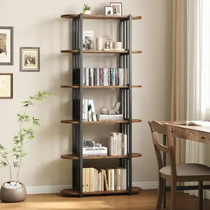 6 Tier Industrial Bookshelf, 71 Inch Tall Narrow Wooden Bookcase with Iron Frames, Compact Open Display Shelving Unit for Living Rooms Bedroom, Apartments, Vintage