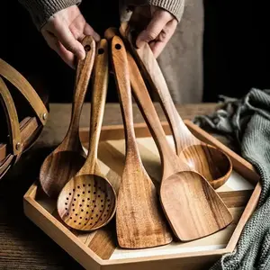 Natural Eco-Friendly Wooden Spatula Set 5Pcs Ergonomic Handle Heat Resistant Durable Kitchen Cooking Tools for All Non-Stick Cookware