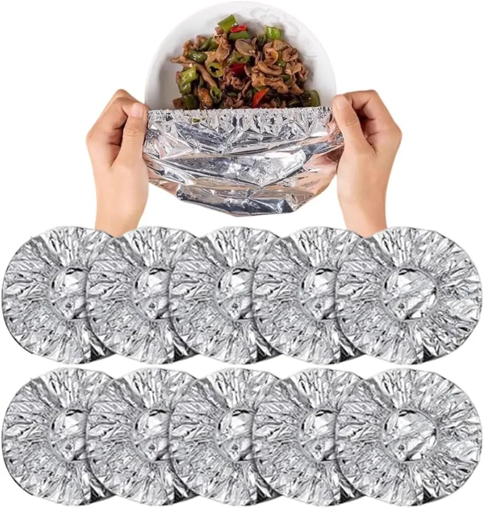 50-Piece Disposable Aluminum Foil Food Covers Set - Bendable Heat-Insulating Film Lids, Freshness Bags for Meal Prep, Lunchboxes, Barbecued Cooking (High-Quality Aluminum Material)