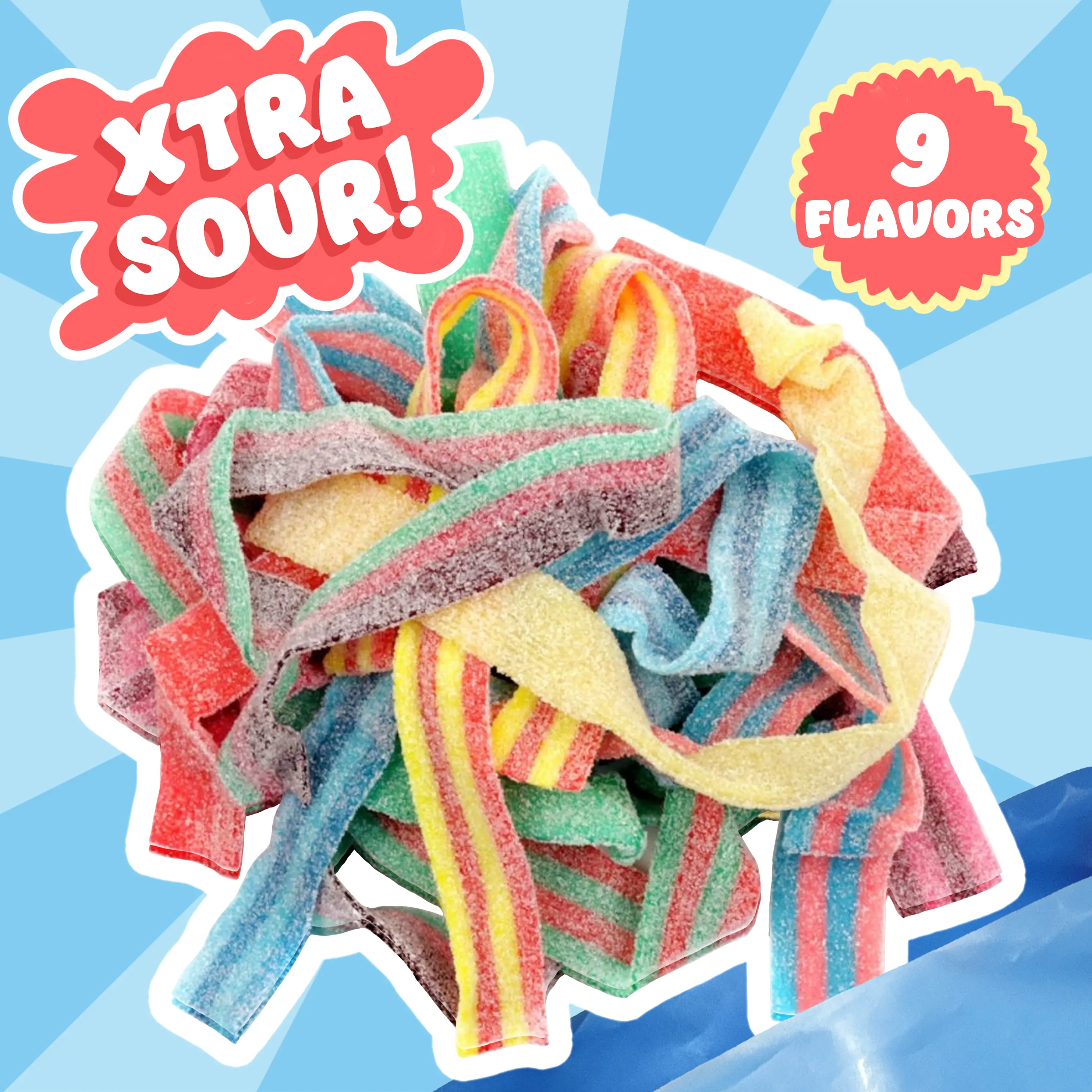 Xtra Sour Belts Mix – Extreme Sour Rainbow Belts Candy Mix (9 Flavor Assorted Halal Sour Strips)