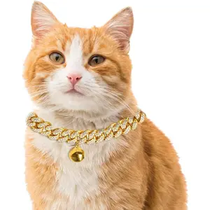 Cat Collar - Carat - Iced Out Diamond Cuban Link Gold Chain for Cats & Kittens - 18k Real Gold Plated 8" Collar Size - with Bell - for Decoration Only - Get Your Cat Catwalk Ready
