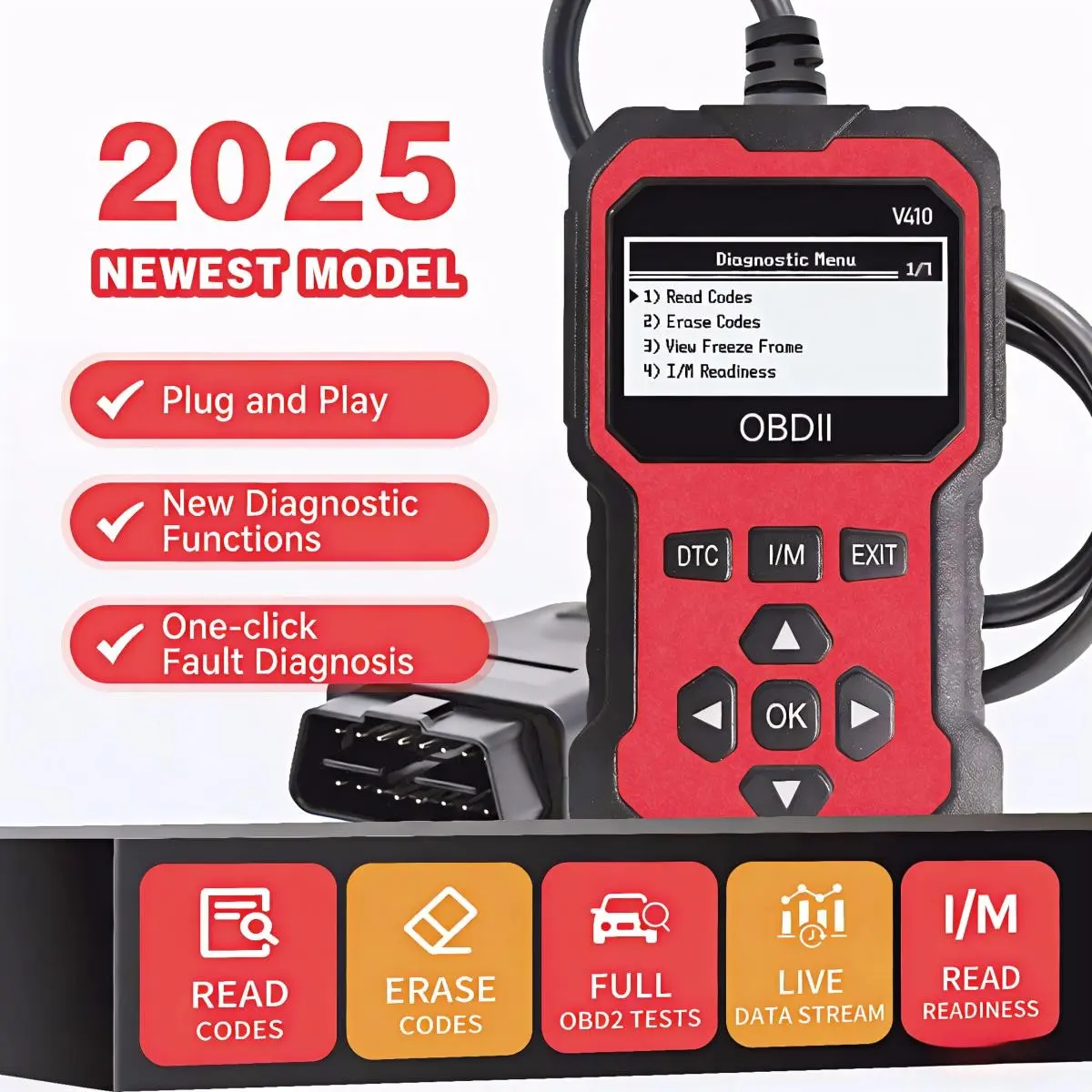 Obd2 Scanner Code Reader for Car Diagnostic, Engine Fault Code Reading Tool to Clear Cel, Live Data I/m Ready for All Obdii Cars, Digital Automotive Tester