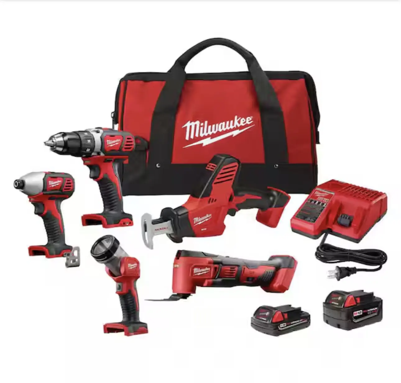 Milwaukee M18 18V Lithium-Ion Cordless Combo Kit (5-Tool) with (1) 3.0Ah and (1) 1.5Ah Battery, (1) Charger, (1) Tool Bag