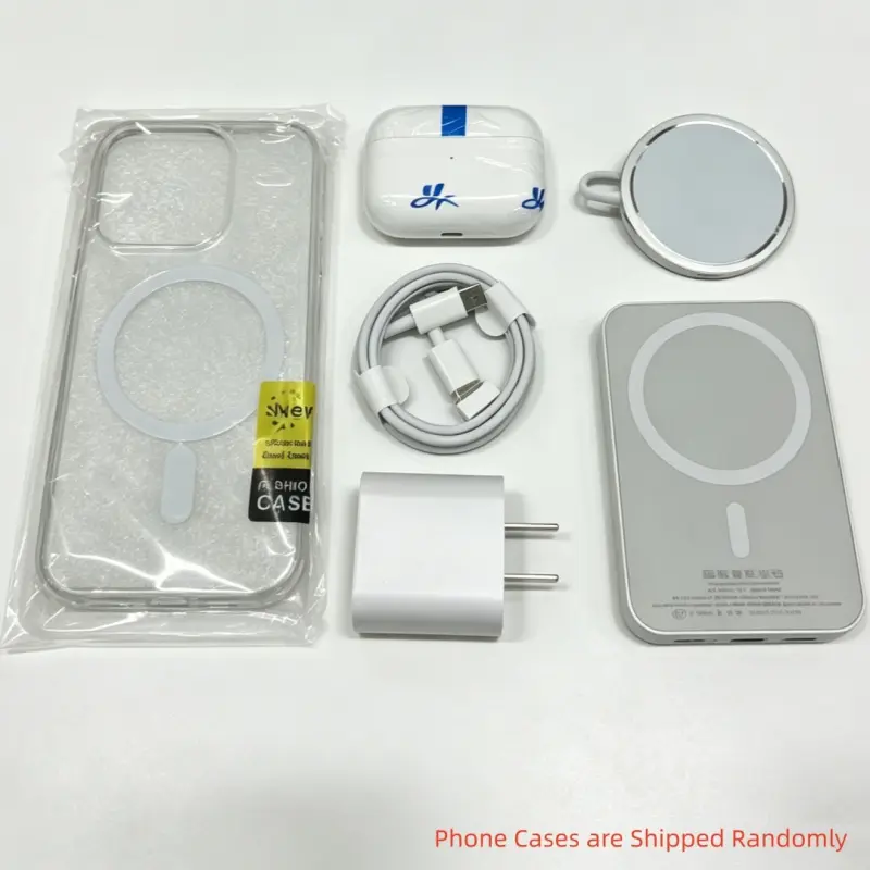 New Model 6 Pack for iPhone Smartphone Accessories Gift Box Set, Travel Essential 5000mAh Power Bank, Wireless Earbuds, Bluetooth Headphones, Compatible with MagSafe Charger Charging(Phone Cases are Shipped Randomly)