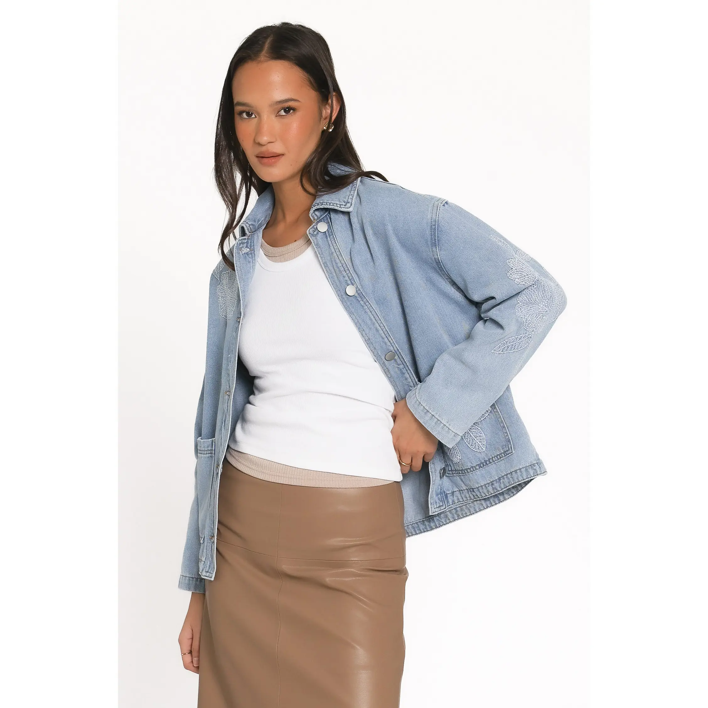 Mora Embroidered Denim Shacket - Light Wash