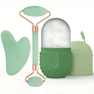 3 Counts Ice Face Roller Facial Skincare Ice Roller Set,Facial Roller GuaSha FaceTool Set,Face Massage Roller Skin Care Tool Beauty Set Ice Facial Roller Mold Cube,Facial Beauty Instrument, Reusable & Leakproof, Green