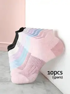 Invisible Breathable Mesh Anti-Slip Athletic Ankle Socks, Fashion Color Blocking, Suitable for All Seasons, 3/5 Pairs for Sports Shoes