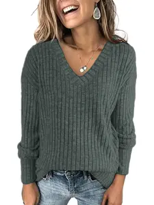 Women's Plain Drop Shoulder V Neck Tee, Casual Long Sleeve Top for Spring & Fall, Fashion Women's Clothes for Daily Wear