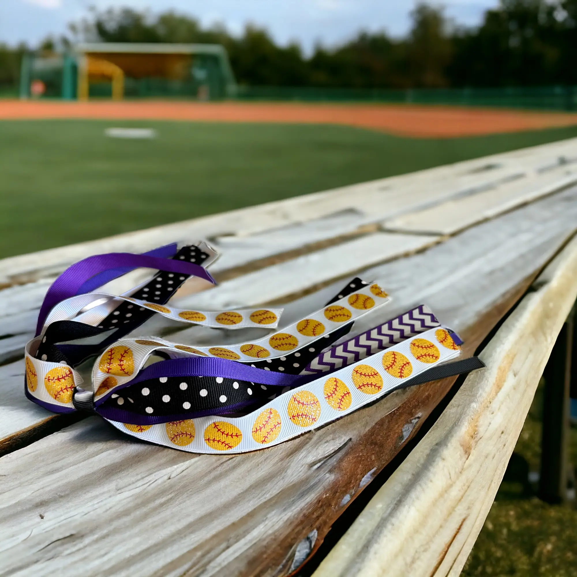 Purple & Black Softball Glitter Ponytail Ribbon Bow Holder for Girls Sport Team
