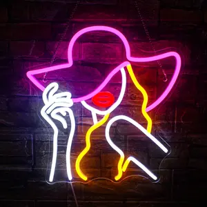 Hat for Ladies Neon Sign Light, USB Powered Creative LED Wall Light, Decorative Light for Bar, Shop, Cafe, Restaurant, Window Display, Game Room, Home Room, Led Neon Lights