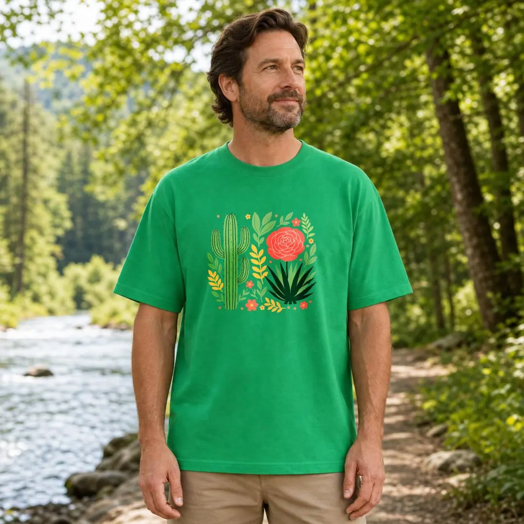 XTAUTO, Casual Style, Unisex T-Shirt, Cactus And Floral Botanical Print, Summer Outdoor River Hiking, Gift For Nature Lovers And Gardeners