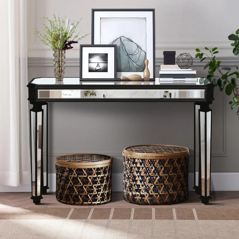 48" Black Mirrored Console Table, Rectangle Glass Sofa Table with Mirrored Vintage Carved Elements,Modern Luxury Mirror Furniture for Living Room Foyer Entrance Entryweay Hallway