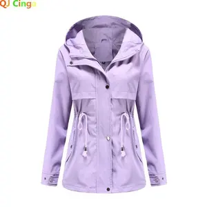 New Spring/Autumn 2025 windbreaker, mid-length women’s hooded coat, waist-cinched outdoor rain jacket, fashionable slim women’s jacket