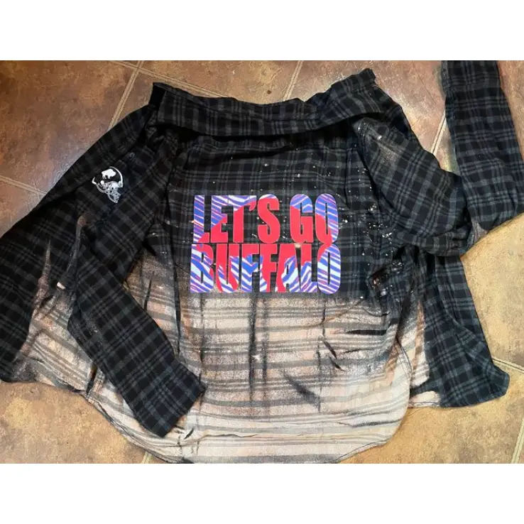BLEACHED BACK FLANNEL " LET'S GO BUFFALO " IN DARK GREY FLANNEL