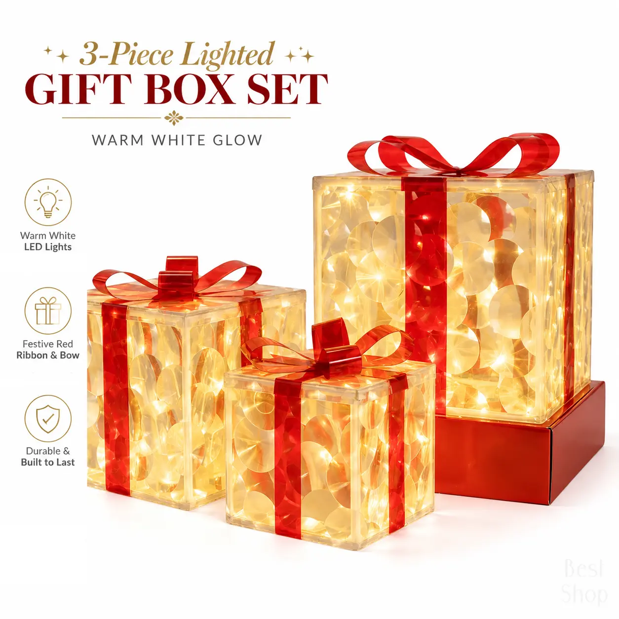 3-Piece Plastic Christmas LED Light Gift Box Set - Star & Deer Ornaments, Remote Control, Festive Ribbon, AA Battery-Powered, Warm Glow, Indoor/Outdoor Party Use, DIY Crafts (Requires Assembly, Battery Not Included), Warm Light, Three Colors