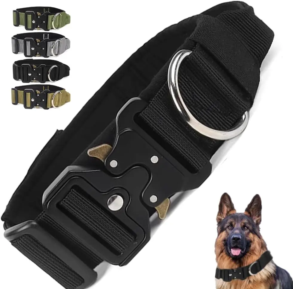 Heavy Duty Tactical Dog Collar with Handle, Quick Release Metal Buckle, 1.8" Wide Adjustable Comfortable Buckle Basic Collar for Medium & Large Dogs, Black Size L (16-19" Fit), Buckle Basic Collars