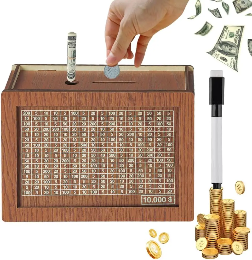Wooden Money Saving Box for Kids & Adults - Reusable $10,000 Savings Challenge Box with Progress Tracker & Cash Vault, Educational Piggy Bank Gift for Boys Girls 3-12