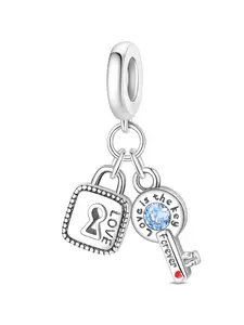 925 Silver Color Plated Lock & Key Dangle Charm, Love Is the Key Forever Engraved Bead, Romantic Jewelry Gift for Her/couple