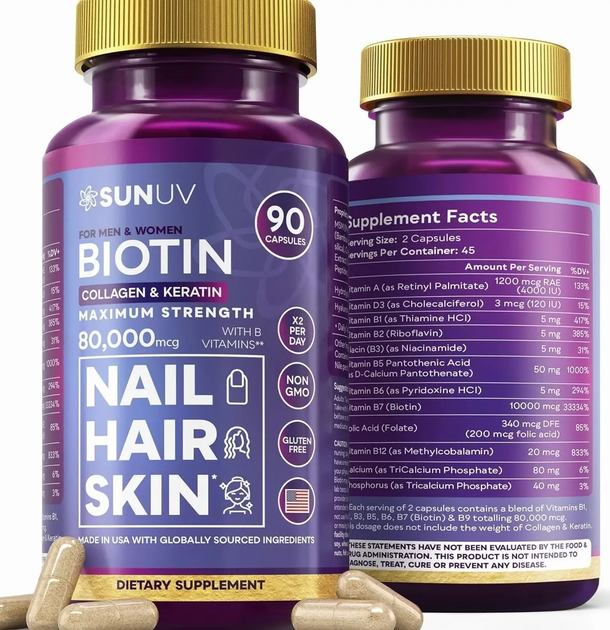 SUNUV Biotin 10,000mcg | Collagen | Keratin - 80,000mcg Hair Growth Vitamins for Women & Men,Skin & Nails Support - Hyaluronic Acid & Vitamins B1,B2,B3,B5,B6,B9,B12 -Made in USA-90 Capsules