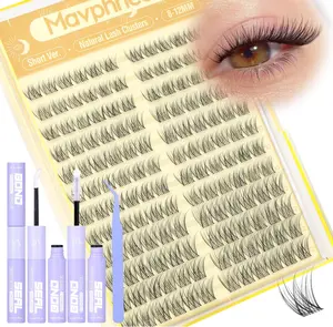 Natural Lash Clusters Kit 8-12MM Short Cluster Eyelash Extensions Kit Clear Band Cluster Lashes Wispy Eyelash Clusters CC-Curly Fluffy Individual Lashes with Lash Bond and Seal for Easy Application