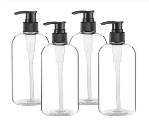 Empty Plastic Pump Bottles Dispenser 4 Pack 16oz/500ml Portable Clear BPA-Free Cylinder Shampoo Lotion Hand Pump Bottle Durable Refillable Containers