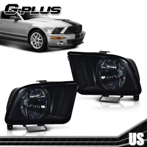 G-PLUS Headlights for 2005-09 Ford Mustang Left+Right Side Black Housing Smoke Lens Headlight Assembly