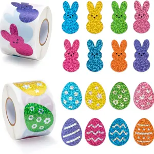 Easter Laser Bunny Sticker - 1000Pcs Laser Bunny Peeps Stickers in 2 Rolls Holographic Colorful Sparkly Glitter Easter Egg Rabbit Adhesive Decal Gift Holiday Party Cards Envelope Decor for Kids Diy Sticker Decorative Stickers