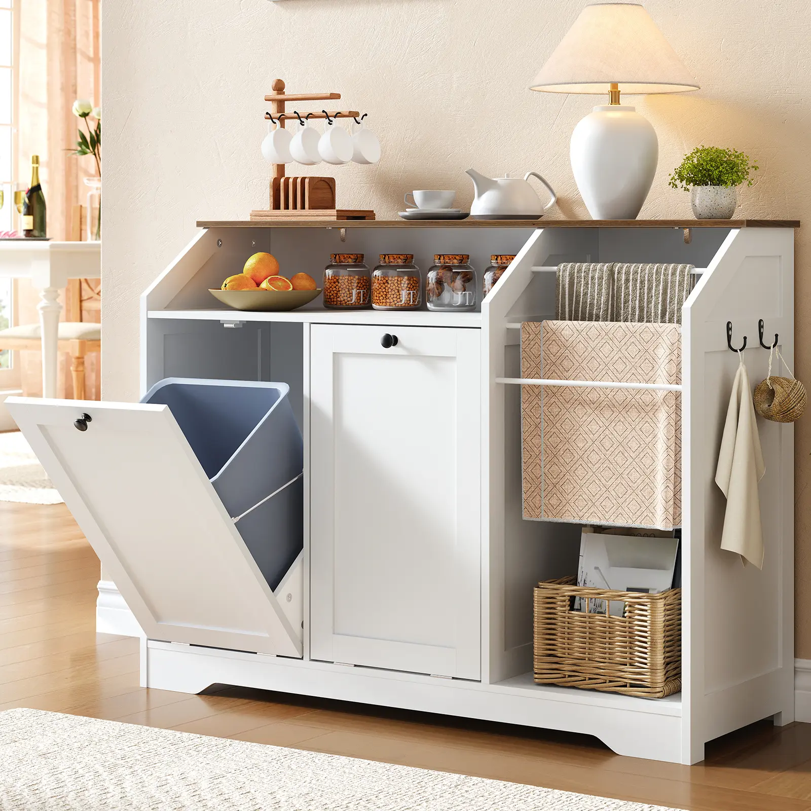 43.3" Laundry Hamper Cabinet, Double Tilt-Out Laundry Hamper with 4 Hooks and 3 Towel Racks, 2 x 8.7 Gal Hidden Laundry Baskets, Trash Can Cabinet for Bathroom, Kitchen, White and Walnut #SummerVibes#DealsforYouDays #SummerGarden